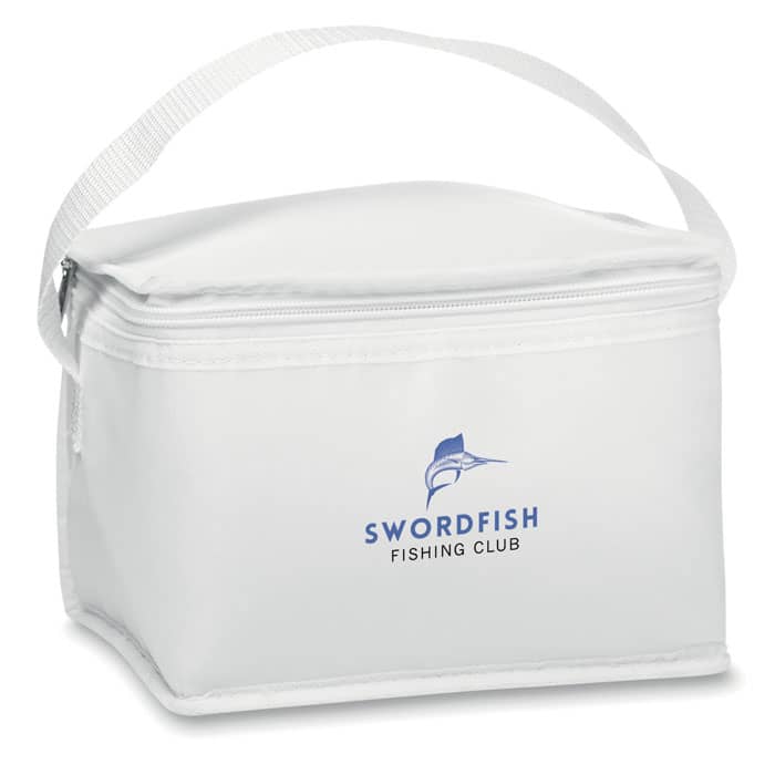 Cooler bag with logo for cans CUBACOOL Cooler bag with logo for 6 cans Made out of polyester with non woven white trimmings. 80gr/m². Isolation material: foam laminated with aluminium foil. Capacity 3L. Dimensions: 20X14X13CM Width: 14 cm Length: 20 cm Height: 13 cm Volume: 0.56 cdm3 Gross Weight: 0.041 kg Net Weight: 0.032 kg Depending on the surface we can use embroidery, engraving, 360° imprint or screen print.