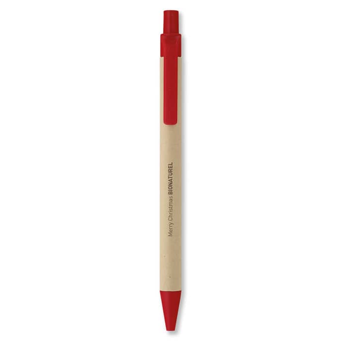 Pen with logo CARTOON Pen with logo with paper barrel and PLA parts. In 100% biodegradable corn. Blue ink. Available colors: Red, Blue, Black, White, Orange, Lime Dimensions: Ã˜1X14 CM Height: 14 cm Diameter: 1 cm Volume: 0.024 cdm3 Gross Weight: 0.007 kg Net Weight: 0.006 kg Depending on the surface we can use embroidery, engraving, 360Â° imprint or screen print.