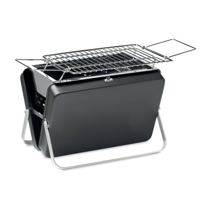 Gadget with logo Portable BBQ TO GO Gadget with logo, Portable BBQ in suitcase in stainless steel with layer grill and stand at the bottom. Available color: Black Dimensions: 29.5X22X7CM Width: 22 cm Length: 29.5 cm Height: 7 cm Volume: 6.67 cdm3 Gross Weight: 2 kg Net Weight: 1.655 kg Depending on the surface we can use embroidery, engraving, 360Â° imprint or screen print.