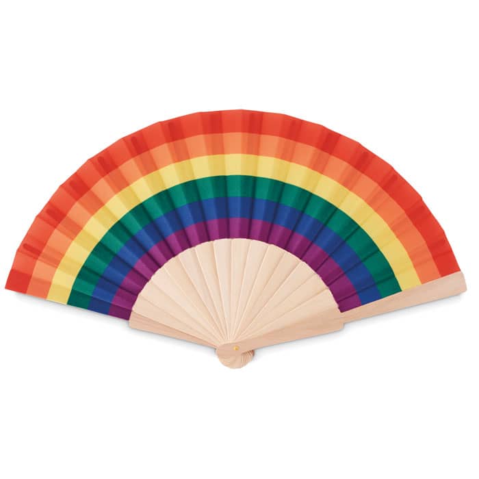 Gadget with logo hand fan BOWFAN Gadget with logo manual hand fan in wood and polyester fabric with rainbow pattern. Depending on the surface we can use embroidery, engraving, 360Â° imprint or screenprint.