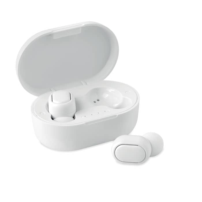 Audio gadget with logo Bluetooth earbuds RWING Audio gadget with logo, Bluetooth earbuds 5.0 in Recycled ABS with 40 mAh battery built-in. Playing time approx. 4 hours. Including a micro USB charging cable and a 300 mAh charging station. Available color: White Dimensions: 6,1X4X2,8 CM Width: 4 cm Length: 6.1 cm Height: 2.8 cm Volume: 0.2 cdm3 Gross Weight: 0.075 kg Net Weight: 0.048 kg Depending on the surface we can use embroidery, engraving, 360Â° imprint or screen print.