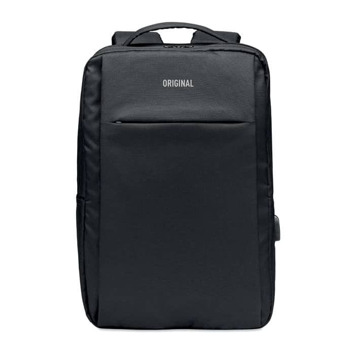 Laptop bag with logo SEOUL Laptop bag with logo in 300D RPET Polyester with padded shoulder strap. Including one main internal compartment for 16 inch laptop and a USB charging cable. Available color: Black Dimensions: 29X12X41CM Width: 12 cm Length: 29 cm Height: 41 cm Volume: 5.4 cdm3 Gross Weight: 0.449 kg Net Weight: 0.368 kg Depending on the surface we can use embroidery, engraving, 360° imprint or screen print.