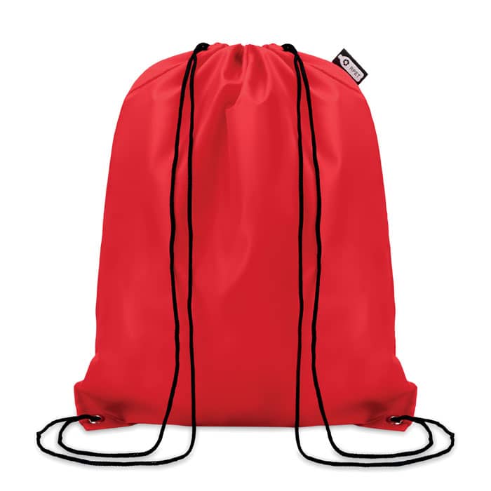 Drawstring bag with logo SHOOPPET. Drawstring bag with logo in 190T RPET with PP strings. Eco-friendly material made from recycled plastic bottles. Available colors: Red, Black, Blue, White, Orange, Royal Blue, Lime Dimensions: 36X40 CM Width: 40 cm Length: 36 cm Volume: 0.16 cdm3 Gross Weight: 0.028 kg Net Weight: 0.025 kg Depending on the surface we can use embroidery, engraving, 360Â° imprint or screen print.
