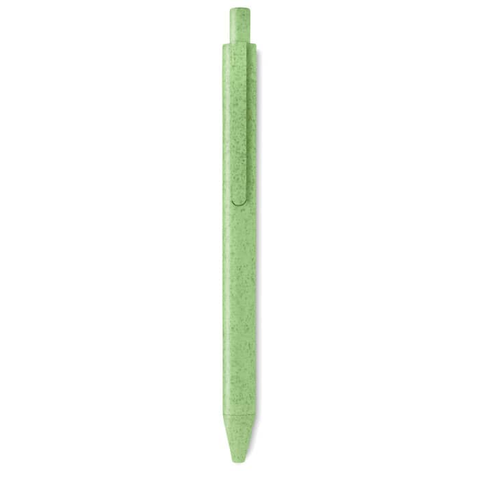 Pen with logo PECAS Pen with logo with push button in wheat straw 50% and ABS 50% material (blue ink). Available colors: Green, Black, Blue, Red, Orange, Beige Depending on the surface we can use embroidery, engraving, 360Â° imprint or screen print.