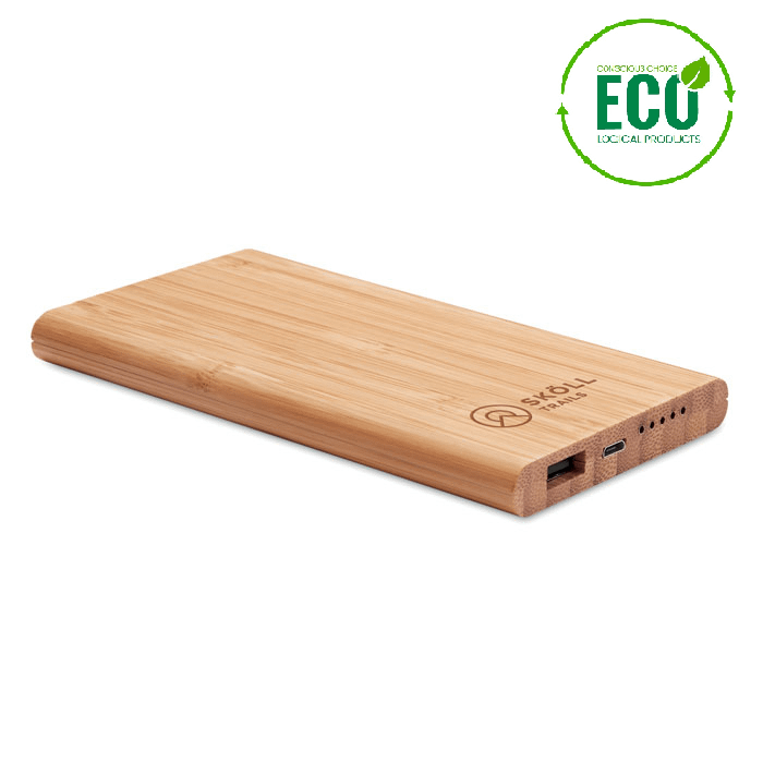 Powerbank with logo wireless ARENA Powerbank with logo with Wireless charging, with 6000 mAh capacity in Bamboo casing. Includes Type C connector. Power bank output DC5V/2A. Wireless output: DC5V/1A. Compatible latest androids, iPhoneÂ® 8, X and newer. Bamboo is a natural product, there may be slight variations in color and size per item, which can affect the final decoration outcome. Available color: Wood Dimensions: 14,5X7,5X1,6 CM Width: 7.5 cm Length: 14.5 cm Height: 1.6 cm Volume: 0.413 cdm3 Gross Weight: 0.192 kg Net Weight: 0.189 kg Depending on the surface we can use embroidery, engraving, 360Â° imprint or screen print.