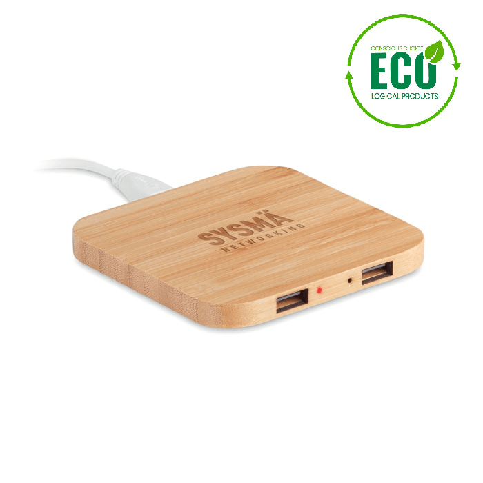 Wireless charger with logo CUADRO Wireless charger with logo with 2 USB port 2.0 hubs in bamboo. Output DC5V/1A(5W). Compatible latest androids, Iphone Â®8, X and newer. Bamboo is a natural product, there may be slight variations in color and size per item, which can affect the final decoration outcome. Available color: Wood Dimensions: 9X9X0,8 CM Width: 9 cm Length: 9 cm Height: 0.8 cm Volume: 0.278 cdm3 Gross Weight: 0.088 kg Net Weight: 0.057 kg Depending on the surface we can use embroidery, engraving, 360Â° imprint or screen print.