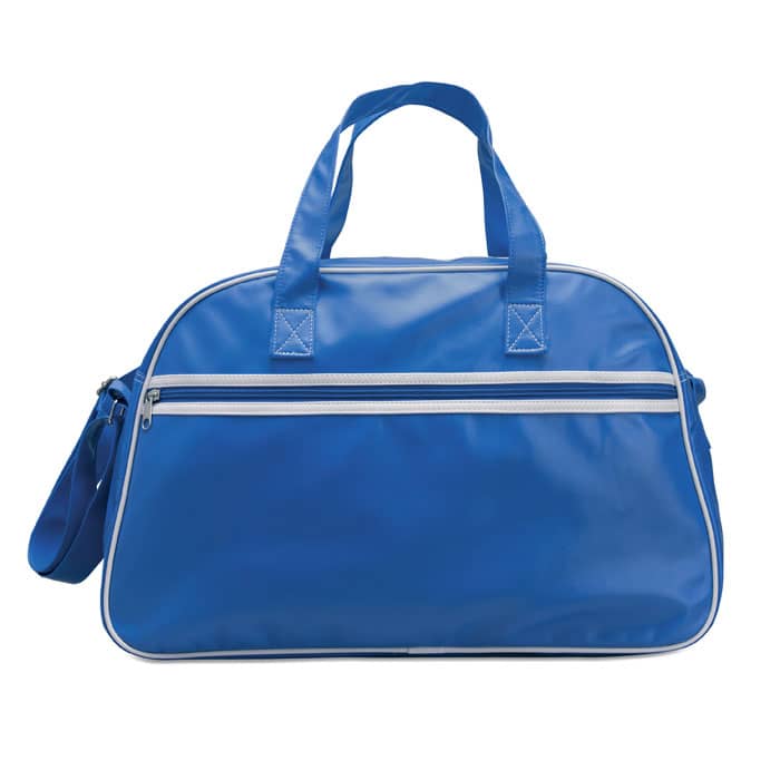 Sports bag with logo VINTAGE Sports bag with logo in matt finish PVC with white trimming and piping. Front pocket closed by horizontal zipper. Adjustable shoulder strap. Available colors: Blue, Black Dimensions: 45X18X29 CM Width: 18 cm Length: 45 cm Height: 29 cm Volume: 4.25 cdm3 Gross Weight: 0.55 kg Net Weight: 0.54 kg Depending on the surface we can use embroidery, engraving, 360Â° imprint or screen print.