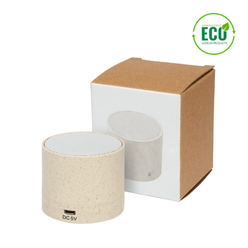 Audio gadget with logo Bluetooth speaker Kikai Audio gadget with logo, Bluetooth speaker case made of wheat straw and plastic material mixed together, reducing the amount of plastic needed. The speaker produces crystal clear sound at over 1.5 hours playback time at maximum volume with 3W output. BluetoothÂ® 5.0. Available color: Beige Depending on the surface we can use embroidery, engraving, 360Â° imprint or screen print.