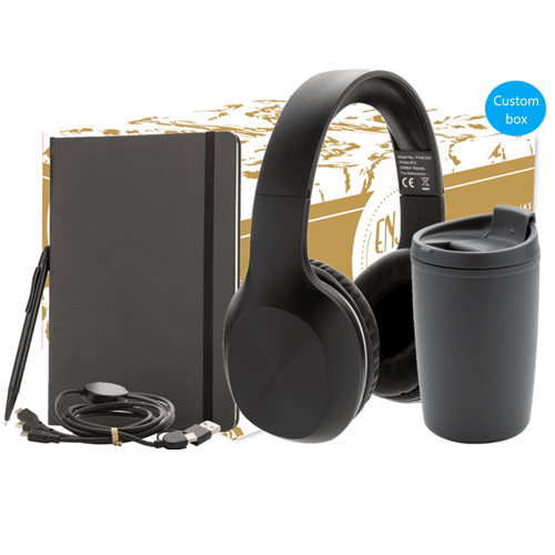 The Call onboarding gift contains: Onboarding gift with personalized fullcolour print on the outside Personalized card in your house style with your personal message (A5 format) GRS recycled PP cup with hinged lid, anthracite JAM wireless headphones RCS recycled TPE 6-in-1 cable, black A5 hardcover notebook with touchscreen pen, black We use different printing techniques to add your logo. Depending on the surface we can use embroidery, engraving, 360° imprint or screenprint.
