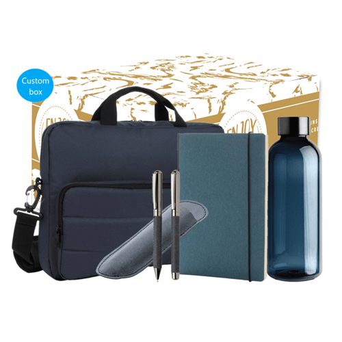 The On the Road onboarding gift contains: Onboarding gift with personalized fullcolour print on the outside Personalized card in your house style with your personal message (A5 format) Recycled leather pen set, grey Luxury hardcover notebook, blue Impact AWARE™ RPET 15.6" laptop bag, dark blue Leak-proof water bottle with metallic cap, blue We use different printing techniques to add your logo. Depending on the surface we can use embroidery, engraving, 360° imprint or screenprint.