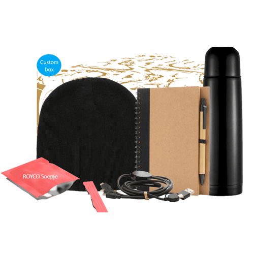 The Warm Welcome onboarding gift contains: Onboarding gift with personalized fullcolour print on the outside Personalized card in your house style with your personal message (A5 format) Impact AWARE™ classic black beanie with Pollyanna® RCS recycled TPE 6-in-1 cable, black Stainless steel insulated bottle Kraft spiral notebook with pen We use different printing techniques to add your logo. Depending on the surface we can use embroidery, engraving, 360° imprint or screenprint.