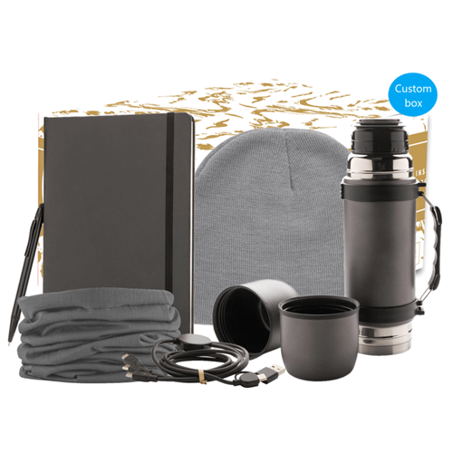 The Winter onboarding gift contains: Onboarding gift with personalized fullcolour print on the outside Personalized card in your house style with your personal message (A5 format) Impact AWARE™ classic grey beanie with Pollyanna® Multi functional scarf, grey Vacuum bottle with 2 mugs, grey RCS recycled TPE 6-in-1 cable, black A5 hardcover notebook with touchscreen pen, black We use different printing techniques to add your logo. Depending on the surface we can use embroidery, engraving, 360° imprint or screenprint.