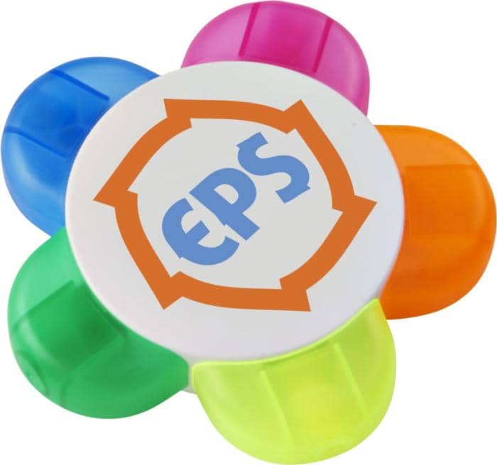 Highlighter with logo Flower Highlighter with logo, FlowerÂ  shaped in five colors: orange, pink, blue, green and yellow. Comes in ABS Plastic. Available color: White Length: 9,50 cm Width 9,50 cm Height: 1,80 cm Depending on the surface we can use embroidery, engraving, 360Â° imprint or screen print.