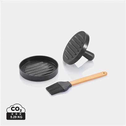 Gadget with logo BBQ Burger set Gadget with logo, BBQ Burger set with press and brush. Allows you to make and prepare perfect burgers. Available color: grey Product size (cm): 28,7 x 3,5 x 23 Gross Weight: 485gr, Net Weight Item: 450gr Material: Aluminium Depending on the surface we can use embroidery, engraving, 360Â° imprint or screen print.