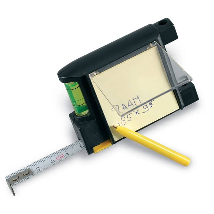 Gadget with logo multi tool COLINDALES Multitool with logo 2 m measuring tape. Includes a memo pad, ball pen and spirit level. Depending on the surface we can use embroidery, engraving, 360° imprint or screen print.