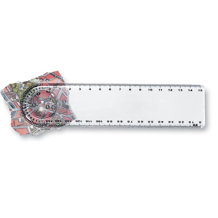 Gadget with logo ruler LASTA Gadget with logo plastic ruler of 15cm with magnifier and protractor. Depending on the surface we can use embroidery, engraving, 360° imprint or screen print.