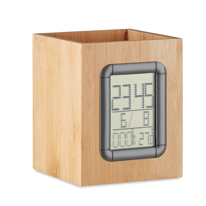 MANILA Bamboo penholder and LCD clock with logo  |Magnus Business Gifts