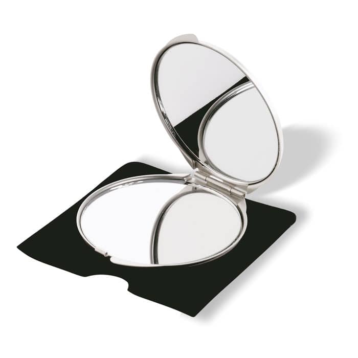  Gadget with logo make-up mirror SORAIA Make-up mirror with logo in aluminium. With standard and magnifying mirrors in velvet case. Depending on the surface we can use embroidery, engraving, 360° imprint or screen print.