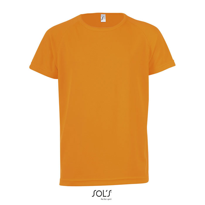 T-shirt with logo Sporty kid T-shirt with logo in breathable polyester material with raglan sleeves. Banded collar and flat lock seams makes this product ideal for any sports activity. It comes in a variety of sizes and colors as well as in neon colors. Fabric details: 140g/m² 100% polyester mesh. Only sold with print. Sizes - 6 yrs: 106-116cm (XL), 8 yrs: 118-128cm (XXL), 10 yrs: 130-140cm (3XL), 12 yrs: 142-152cm (4XL) Depending on the surface we can use embroidery, engraving, 360° imprint or screen print.