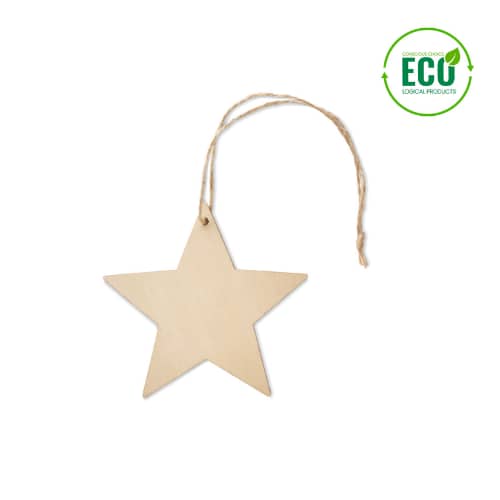 Christmas gadget with logo Wooden star hanger ESTY Wooden MDF star shaped decoration hanger with jute cord. MDF is made from natural materials, there may be slight variations in colour and size per item, which can affect the final decoration outcome. Available color: Wood Dimensions: 7,9X6X0,2CM Width: 6 cm Length: 7.9 cm Height: 0.2 cm Volume: 0.027 cdm3 Gross Weight: 0.005 kg Net Weight: 0.004 kg Magnus Business Gifts is your partner for merchandising, gadgets or unique business gifts since 1967. Certified with Ecovadis gold!