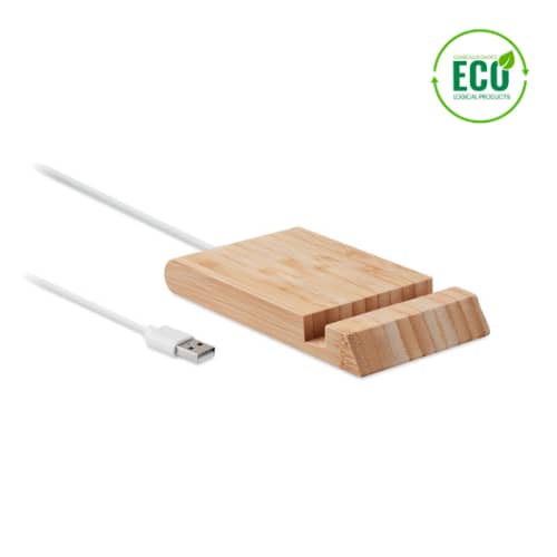 Charging cable with logo ODOS Charging cable with logo in bamboo, 10W wireless charger with stand functionality. Output: DC 9V/1.1A suitable for quick charging. Compatible with latest Androids, iPhoneÂ® 8 and newer. Available color: Wood Dimensions: 13X8X1,7 CM Width: 8 cm Length: 13 cm Height: 1.7 cm Volume: 0.3 cdm3 Gross Weight: 0.153 kg Net Weight: 0.123 kg Depending on the surface we can use embroidery, engraving, 360Â° imprint or screen print.