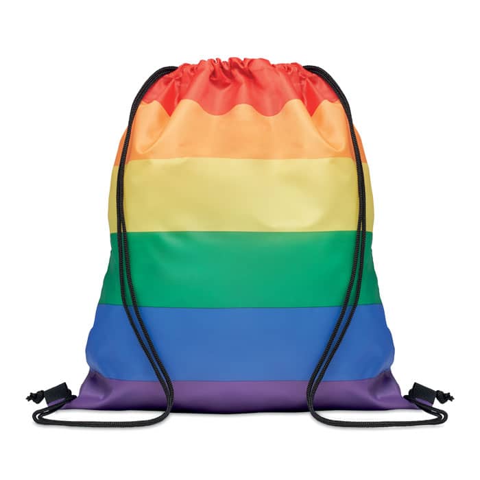 Drawstring bag with logo BOW Rainbow Drawstring bag with logo in 210D RPET polyester with PP strings. Depending on the surface we can use embroidery, engraving, 360Â° imprint or screenprint.
