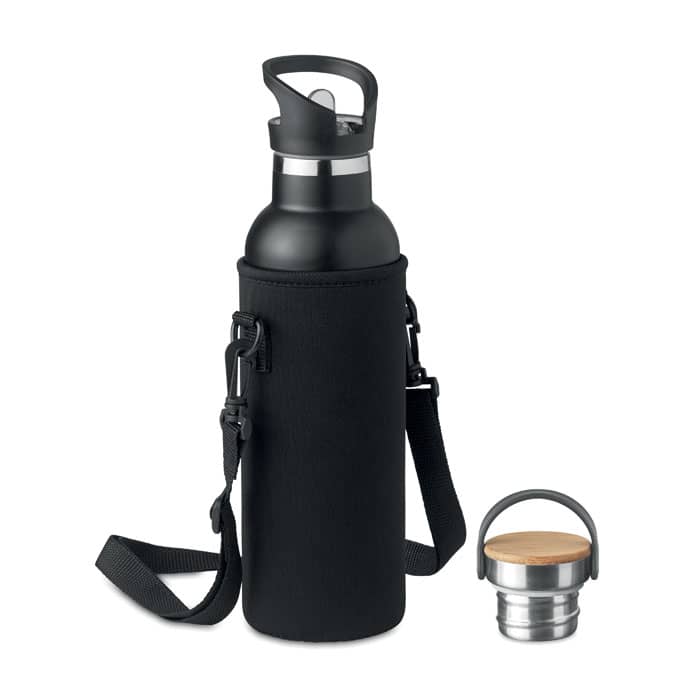 Water bottle with logo TIKSI Insulated stainless steel flask with logo with non-leak screw cap and additional interchangeable built-in straw cap. Supplied with neoprene carrying bag. Capacity: 700 ml. Stay hydrated throughout the day with this handy bottle that you can carry with you easily. The straw cap makes it easy to drink from. Because it is insulated, drinks will stay fresh longer. The bottle is presented in a neoprene carrying bag to take it with you. Available color: Black Dimensions: Ø7X29CM Height: 29 cm Diameter: 7 cm Volume: 3.21 cdm3 Gross Weight: 0.542 kg Net Weight: 0.457 kg Magnus Business Gifts is your partner for merchandising, gadgets or unique business gifts since 1967. Certified with Ecovadis gold!