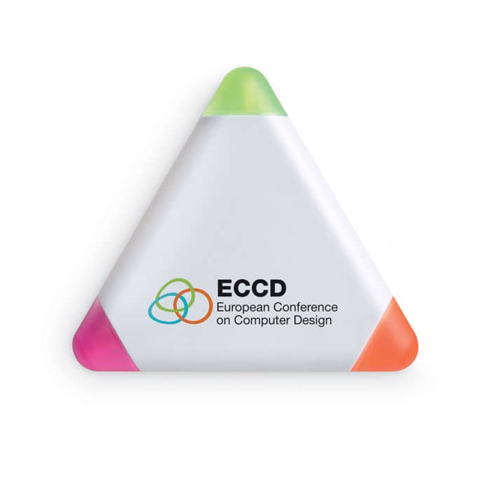 Highlighter with logo TRIANGULO Highlighter with logo, Triangular shape highlighter in ABS casing. 3 color ink: yellow, fuchsia and orange. Available color: White Dimensions: 7.5X7.5X1.3 CM Width: 7.5 cm Length: 7.5 cm Height: 1.3 cm Volume: 0.076 cdm3 Gross Weight: 0.018 kg Net Weight: 0.015 kg Depending on the surface we can use embroidery, engraving, 360Â° imprint or screen print.