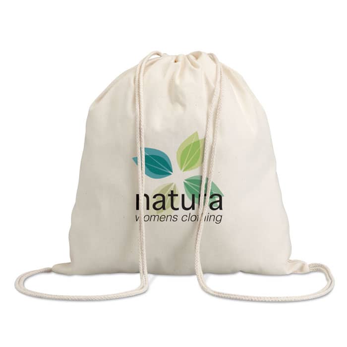 Drawstring bag with logo HUNDRED Drawstring bag with logo in 100% cotton. 100 gr/mÂ². Produced under a certified standard for the use of harmful substances in textile. Available color: Beige Dimensions: 37X41CM Width: 41 cm Length: 37 cm Volume: 0.227 cdm3 Gross Weight: 0.052 kg Net Weight: 0.048 kg Depending on the surface we can use embroidery, engraving, 360Â° imprint or screen print.
