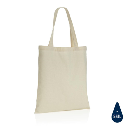 Tote bag with logo Recycled cotton. Recycled tote bag in cotton 145g with logo. This bag is embedded with AWARE™ tracer technology. With AWARE™, the use of genuine recycled fabric materials (70% recycled cotton and 30% RPET) and water reduction impact claims are guaranteed. Save water and use genuine recycled fabrics. If you choose this item you save between 465 and 531 liters of water, depending on the colour version. With the focus on water, 2% of proceeds of each Impact product sold will be donated to Water.org. Water savings are based on figures when compared to conventional fiber. This calculated indication is based on reliable LCA data as published by Textile Exchange in their Material Snapshots 2016. Tell a true story about sustainability and wear it with pride! We use different printing techniques to add your logo. Depending on the surface we can use embroidery, engraving, 360° imprint or screenprint.